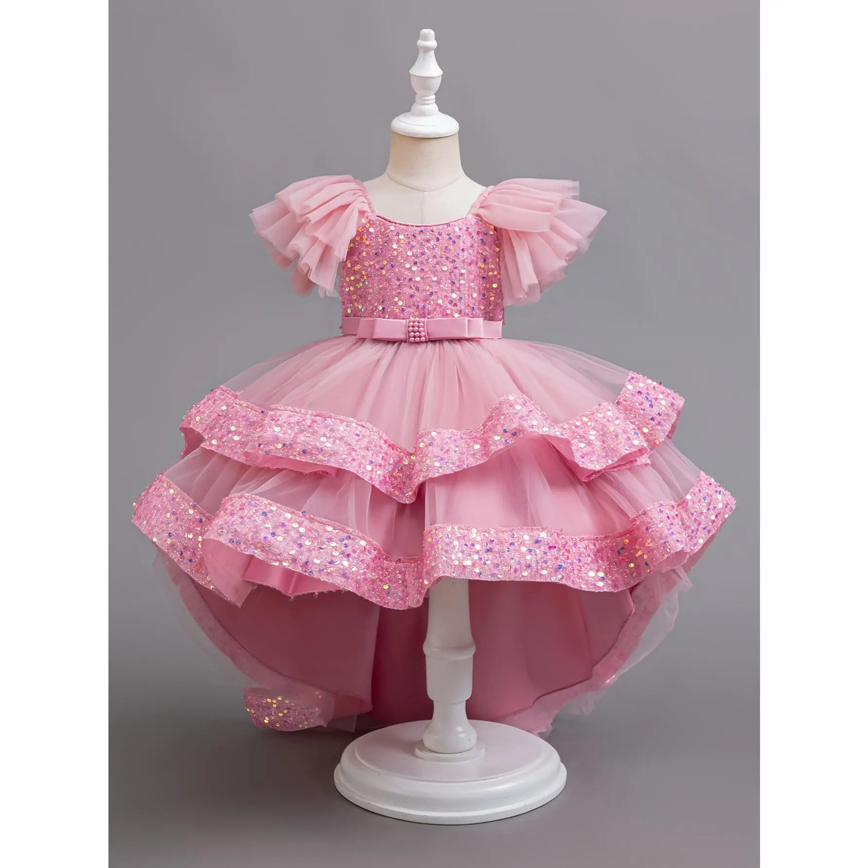 ' dress with short front and long back hem and sequin design, gorgeous visual effect, back to season, trendy cute clothes aged 3-12