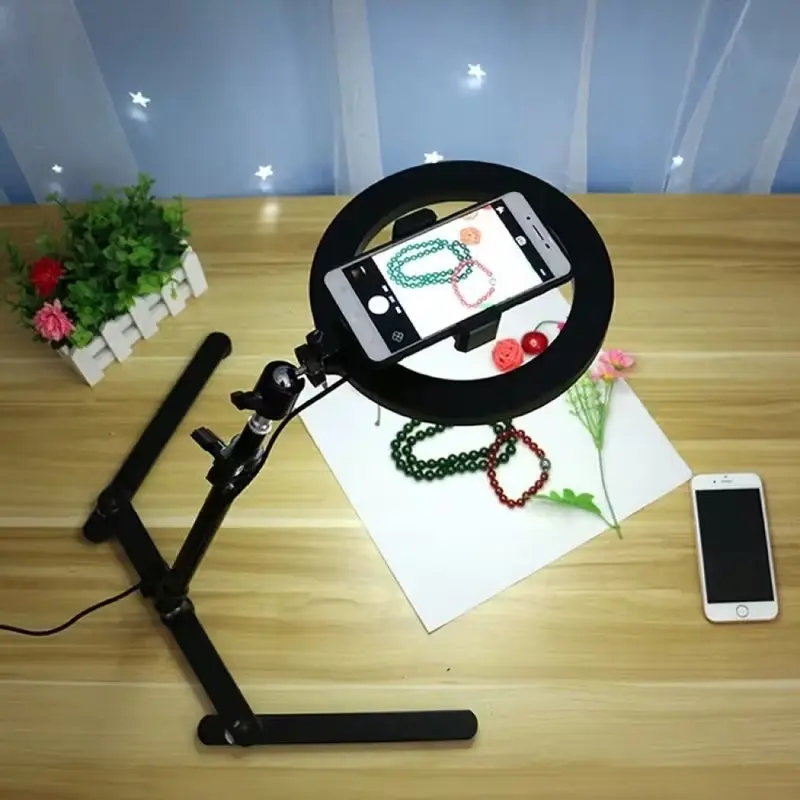 10.5 Inch Phone Shooting Stand Desktop Overhead Light, Selfie Ring Light Tripod Stabilizer LED Live Fill Light, Live Streaming Accessory, Adjustable Brightness, Stable Base, Compatible with Smartphones, Cellphone, Selfie Accessories