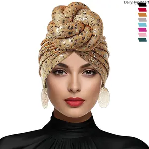 Women's Stretch Leopard Print Indian Style Turban Head Cap, Scarf Head Wrap for Yoga Streetwear, Head Scarf