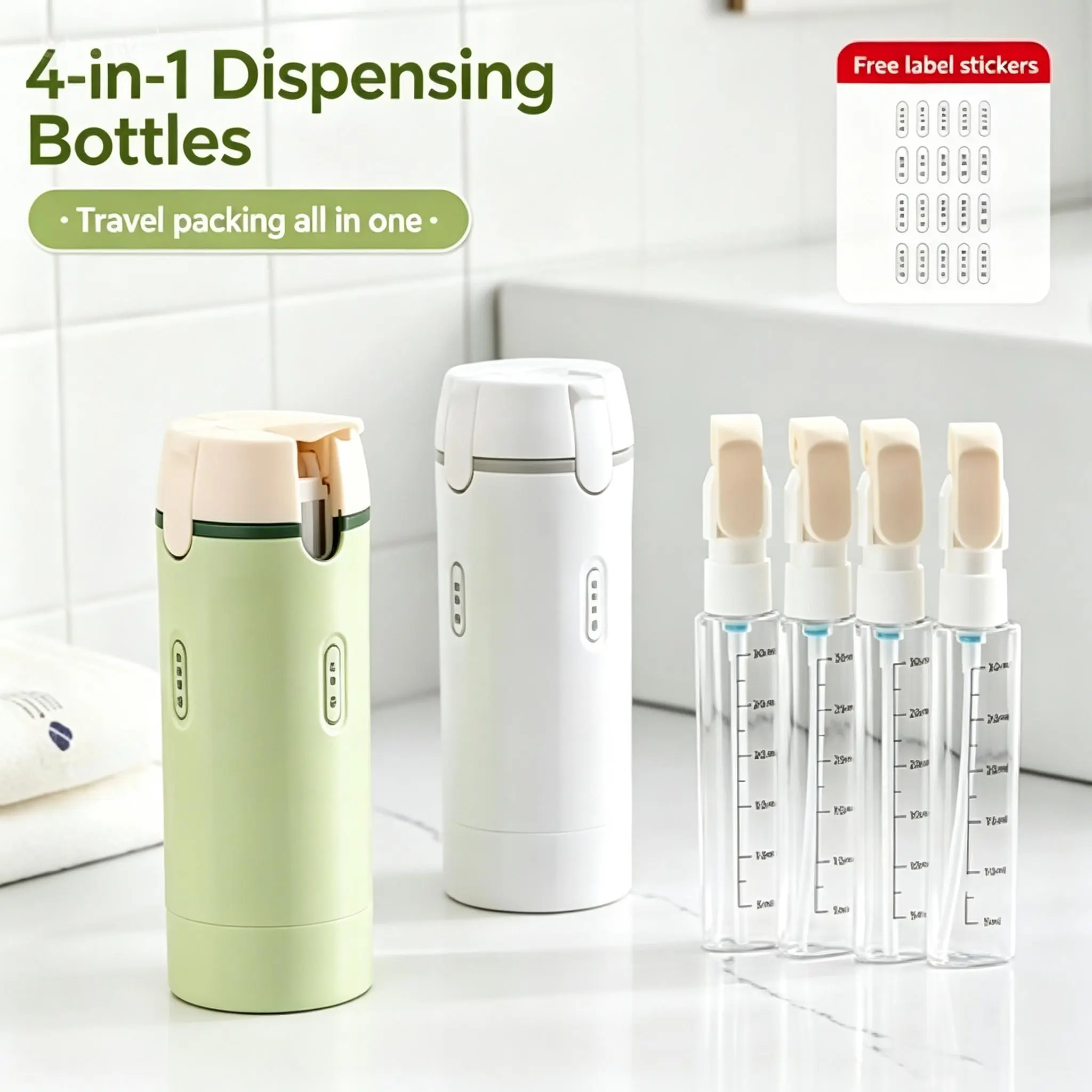 UFORU 4-in-1 Compact Plastic Refillable Bottles Set - 30ml Leak-Proof Cosmetic Storage Jars with Dispenser Main Unit, Checkpoint-Friendly Travel Dispenser for Shampoo, Lotion, Business Trips