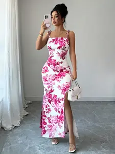 Women's Fine Strap Bow Waist Ruffle Hem Slit Dress, Versatile for Dates, Parties, Daily Wear, Cute and Elegant Commute
