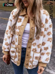 Women's Floral Jacquard Drop Shoulder Button Front Fuzzy Jacket Coats, Casual Long Sleeve Collared Pocket Outerwear for Fall & Winter, Ladies Womenswear Clothes for Daily Wear