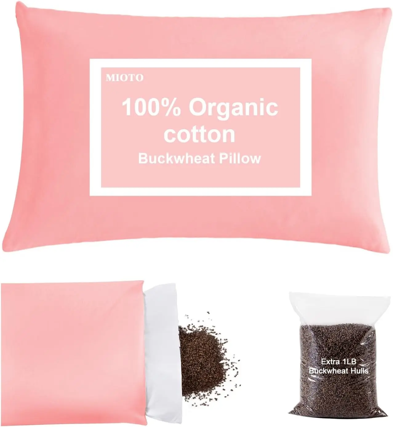 20x26" Rectangular Organic Buckwheat Sleeping Pillow - Dual-Layer Pillowcase, Extra Tartary Buckwheat Hulls, Adjustable Fit for Height & Firmness, Neck Support for Back Sleepers, Pink