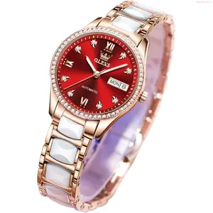 OLEVS Watch OLEVS Rose Gold Women's Watches, Ceramic Stainless Steel Band, Automatic Mechanical Watch, Waterproof Luminous Pointer Calendar, Diamonds Elegant Watches for Women, Red/Blue/White Dial [No Battery]