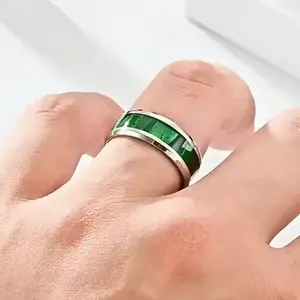 Elegant 8mm Stainless Steel Tungsten Ring with Green Inlay - Fashionable silver bezel design, perfect for weddings and everyday wear, ideal as a gift for Valentine's Day, Christmas, Father's Day, wedding ring