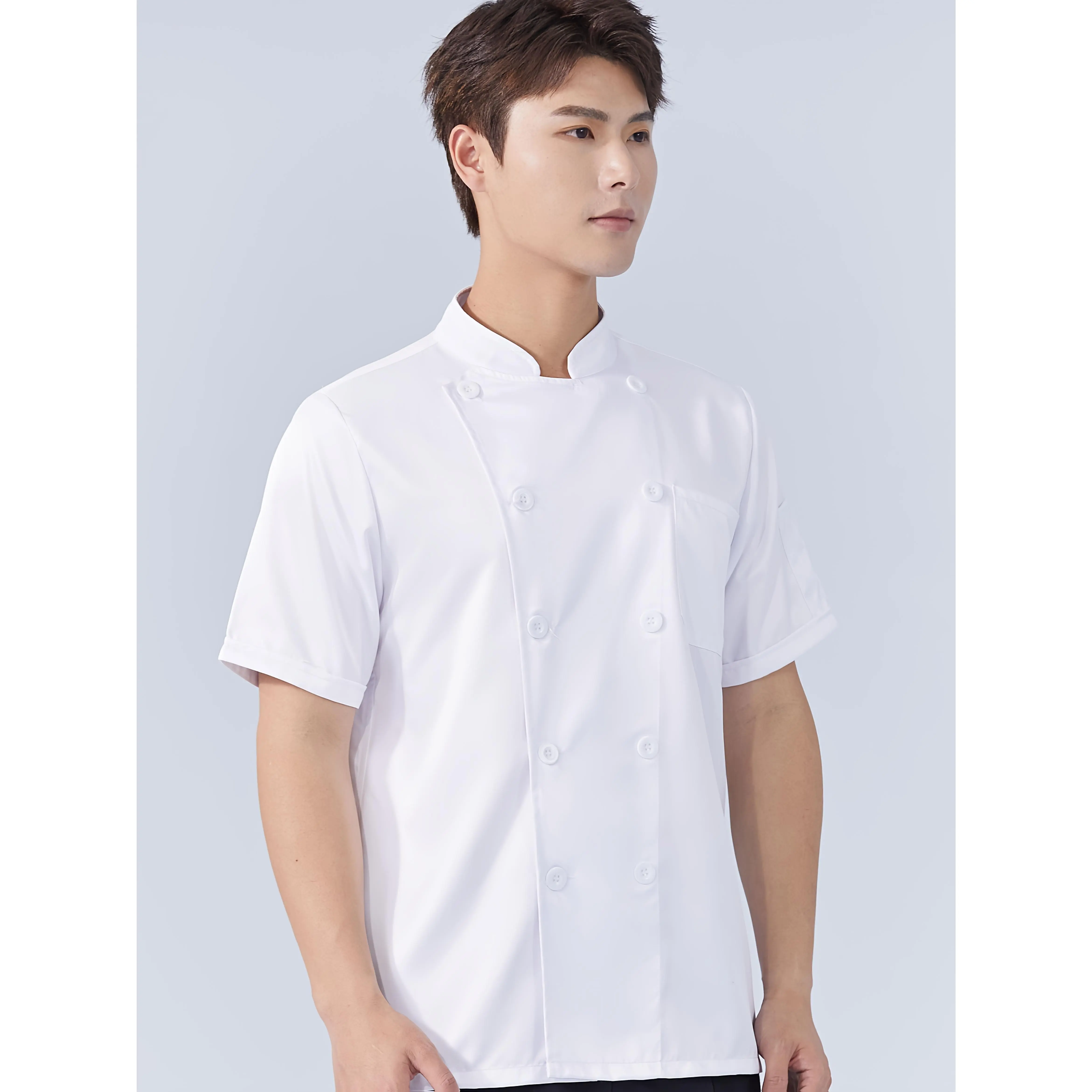 Men's Professional Regular Fit Short-Sleeve Collared Neck Basic Chef Coat - Solid White Polyester Mens Clothing Workwear Uniform with Pockets, Buttons for Restaurant Food Service Tops, Machine Washable