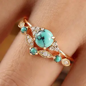 Women's Vintage Turquoise Ring Set Geometric Design High-Quality Alloy Trendy Fashion Jewelry for Any Occasion pretty  stones navajo  style  sterling  pearls black  marble  silver  tennis  necklace