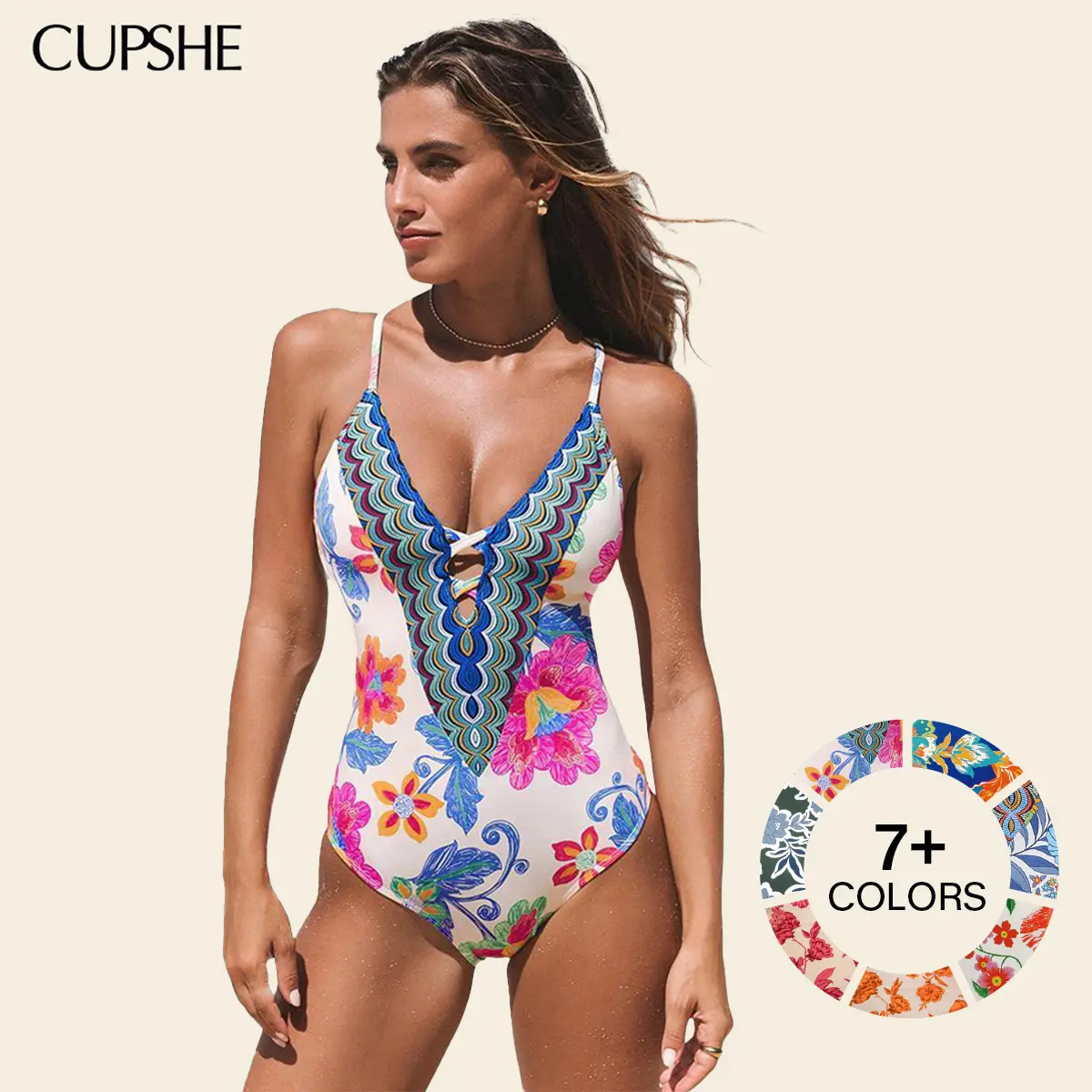 CUPSHE Boho Floral One-Piece Swimwear | Sculpting Tummy Control Swimsuit, Plunging V-Neck & Adjustable Straps Summer Beach Holiday Bathing suit #DealsForYouDays