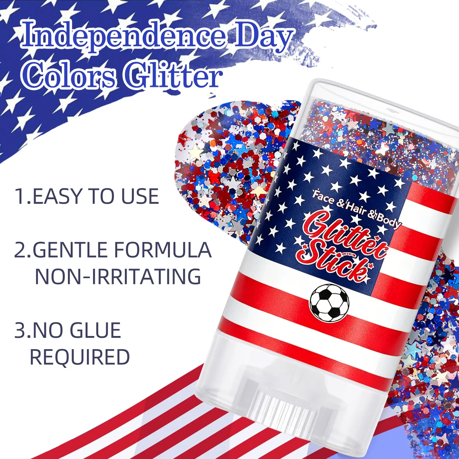 Self-Adhesive Glitter Stick | Red White & Blue Patriotic Body Makeup | 4th of July Independence Day Sparkle | Summer Vibes Festival Party Glitter | Waterproof Long-Lasting Shine for Sports Games & Holiday Gifts