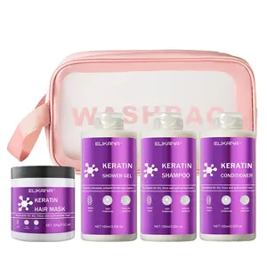 Keratin care set, Nourish Repair Volumize, containing glycerin, keratin, and collagen, nourishes the scalp and roots, repairs damaged hair, smooths frizz and split ends, suitable for all hair types, mini portable travel bag