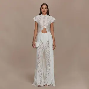 2-Piece Boho Lace Set Sexy Halter Crop Top with Bell Sleeves & High-Waisted Wide-Leg Pants Trendy Eyelash Lace Outfit for Summer Festival & Beach Vacation