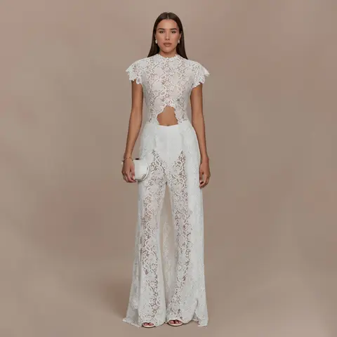 LikeMyChoice 2-Piece Boho Lace Set Sexy Halter Crop Top with Bell Sleeves & High-Waisted Wide-Leg Pants Trendy Eyelash Lace Outfit for Summer Festival & Beach Vacation