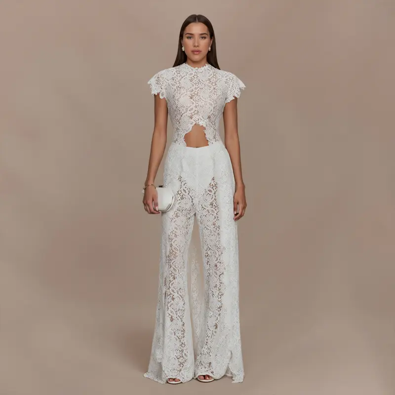 LikeMyChoice 2-Piece Boho Lace Set Sexy Halter Crop Top with Bell Sleeves & High-Waisted Wide-Leg Pants Trendy Eyelash Lace Outfit for Summer Festival & Beach Vacation