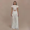 LikeMyChoice 2-Piece Boho Lace Set Sexy Halter Crop Top with Bell Sleeves & High-Waisted Wide-Leg Pants Trendy Eyelash Lace Outfit for Summer Festival & Beach Vacation