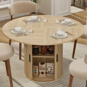 GAOMON 47'' Round Dining Table with Hidden Storage for 4, Kitchen Dining Room Circle Dinner Pedestal Table with Slide Door Shelf, Space Saving Wood Furniture for Small Spaces, Dining Room, Natural