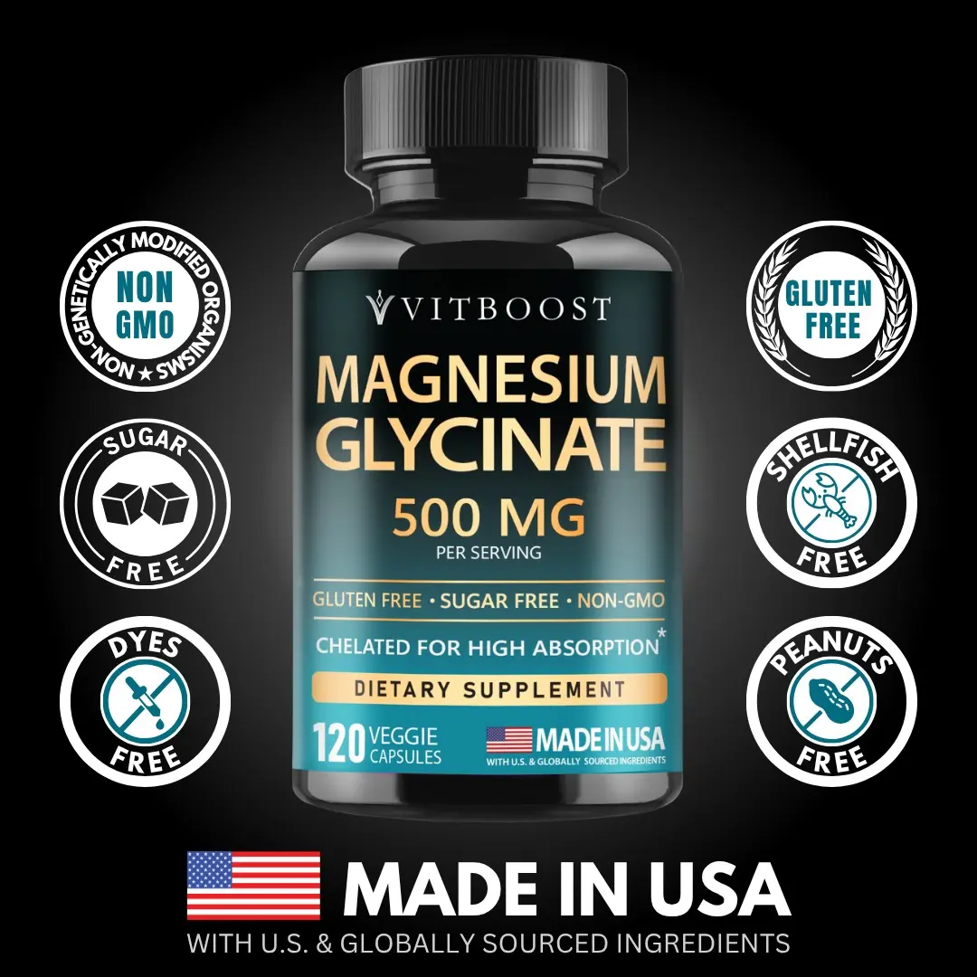 Vitboost Magnesium Glycinate 500 mg, ​​Muscle Relaxation, Sleep, Calm & Energy, High Absorption, Vegan, Non-GMO, 120 Capsules