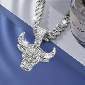 Miami Hip Hop Full Diamond Bull Head Pendant Necklace Fashionable Large Size Link Zinc Alloy Party Great for Daily Matching or Gift Giving