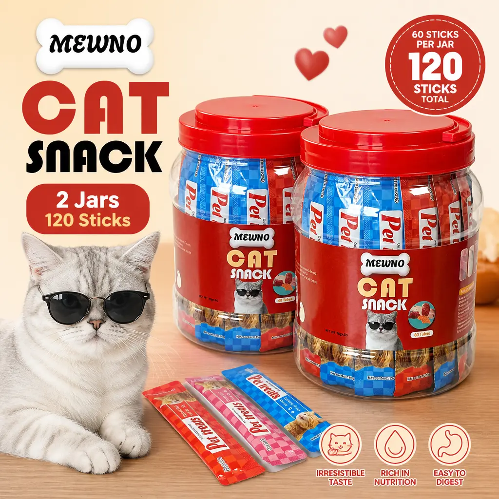 Mewno Squeezable Lickable Cat Puree Treats, 120 STICKS 2 Tubs Value Bundle, 3 Mixed Flavors Chicken Yolk Cod Roe Tuna Salmon Abalone Beef, High Moisture Grain-Free Daily Cat Snacks for Kitten & Adult Cats