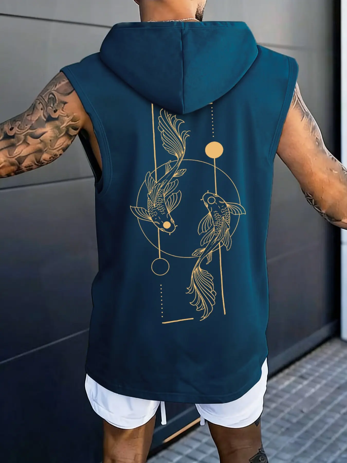 Men's Casual Fashionable Hooded Sleeveless Vest, Graphic Fish Print Pattern, Fashion Sporty Style, Gym Outdoor Leisure Wear, Fitted Design, No Zipper