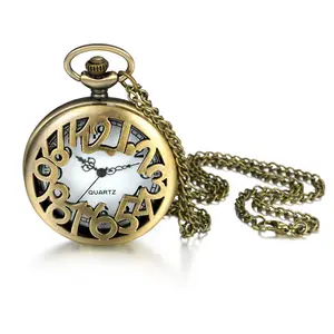 OIDEA Hollow Numeral Case Pocket Watch, Quartz Antique Bronze Necklace Watch, Open-Cut Large Digit Case with Arabic Dial, Splash-Resistant Gift