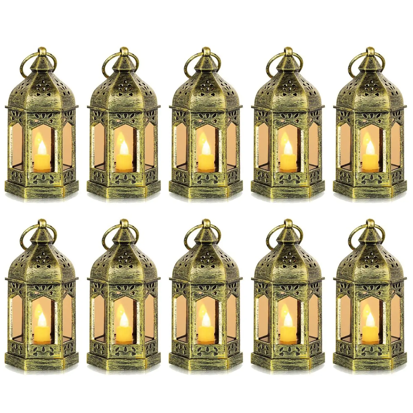 Gold Candle Holders, 10-Pack Mini Vintage Hanging Plastic Lanterns with Flickering LED Lights, Battery-Included Home Dining Decor Centerpieces for Ramadan, Wedding Party