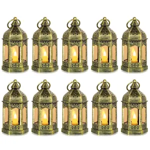 Mini Lantern with Flickering LED Candles Set of 10 Gold Vintage Decorative Hanging Candle Lanterns for Ramadan Halloween Wedding Party Table Centerpiece Battery Included