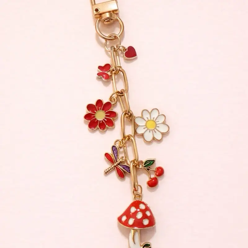 Cottagecore Charm Chain with Mushroom Daisy Cherry Charms for iPad Kindle Bags Oxidized Brass 6 Inches Total Length Whimsical Bag Charm