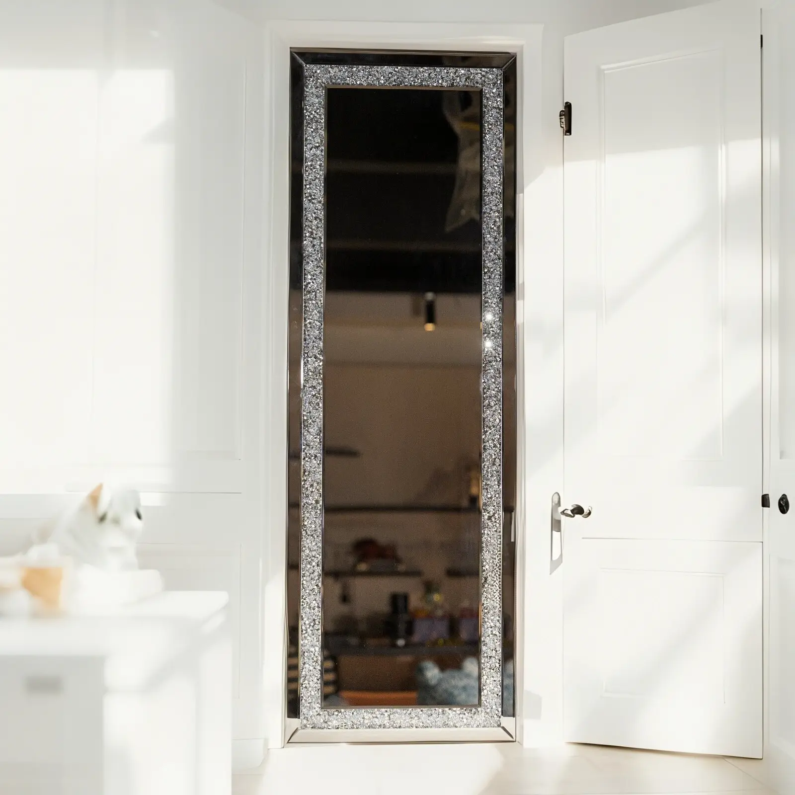 Full Length Mirror- 63" x 21.6" Crystal Crush Diamond Floor Mirror with Standing Silver Large Full Body Mirror for Bedroom Luxury Full Length Mirror Wall Mounted Decor