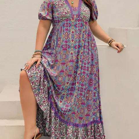 [Plus Size] Bohemian Style Floral Print Short Sleeve Dress, Bohemian Aesthetic, Fashion Comfortable Dress for Beach Holiday Vacation, Women's Plus Clothing for Summer, Casual Summer Wear