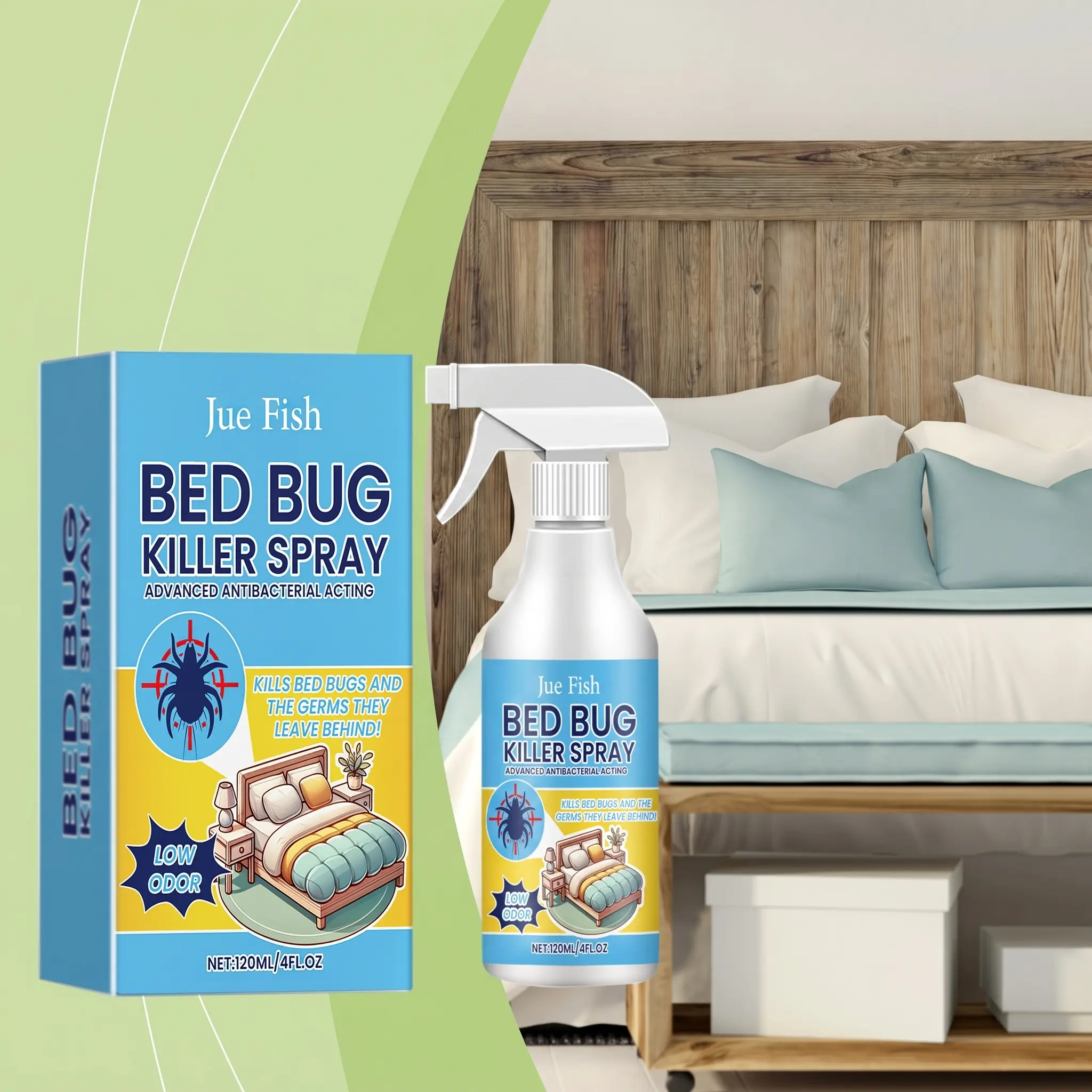 Jue-Fish Bed Bug Spray, Kills & Repels Bed Bugs, Lice & Mites, Indoor Pest Control Spray for Bedrooms & Dorm Beds