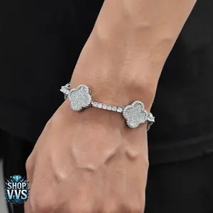 Clover Flower Tennis Bracelet - 18K Gold/Silver Plated, Iced Out CZ Moissanite, Unisex Gift Floral Accents Elegant Design Luxurious Finish Iced Out Cz Cubic Zirconium
