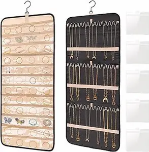 Large Hanging Jewelry Organizer with 48 Pockets, Necklace Holder Wall Mounted, Dual-Sided Travel Bracelet Ring Earrings Storage Closet, Jewelry Hangers Hooks for 36 Necklaces Door and 5 Bags
