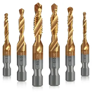 6 PCS Titanium-Coated Drill Bit Set, High Speed Steel Tap Drill Bit, Hex Shank M3 to M10 Sizes for Wood, Plastic & Metal, Quick Change
