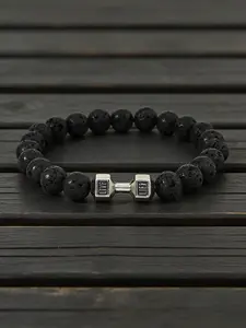 Natural Molten Rock Dumbbell Beaded Bracelet, Sporty Casual Style, Stainless Steel Dumbbell Clasp, Ideal for Fitness Lovers