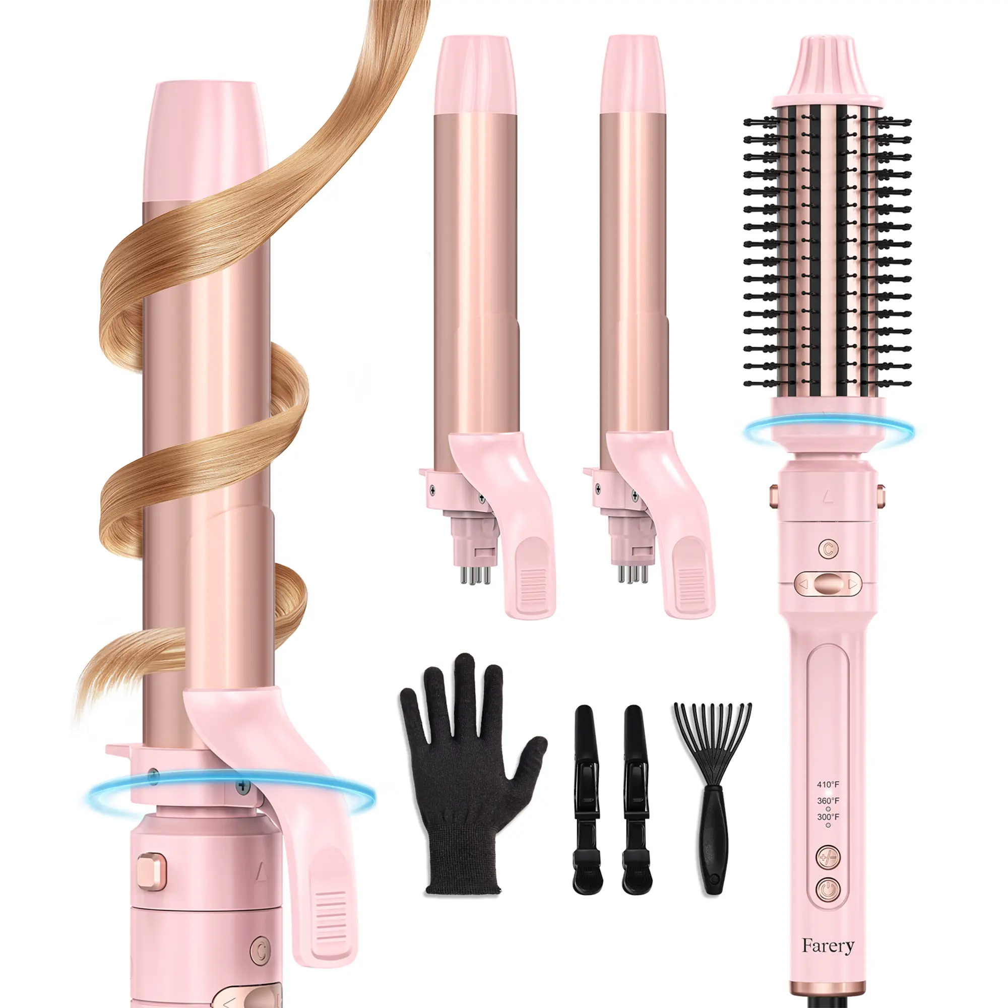 Farery 3-in-1 Interchangeable Automatic Rotating Curling Iron & Thermal Brush Set with 1'' /1.25'' Curling Iron Head and 1.5'' Round Curling Brush Head, 3 Temperature Settings(300℉ ~ 410°F)