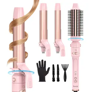 Farery 3-in-1 Interchangeable Automatic Rotating Curling Iron & Thermal Brush Set with 1'' /1.25'' Curling Iron Head and 1.5'' Round Curling Brush Head, 3 Temperature Settings(300℉ ~ 410°F)