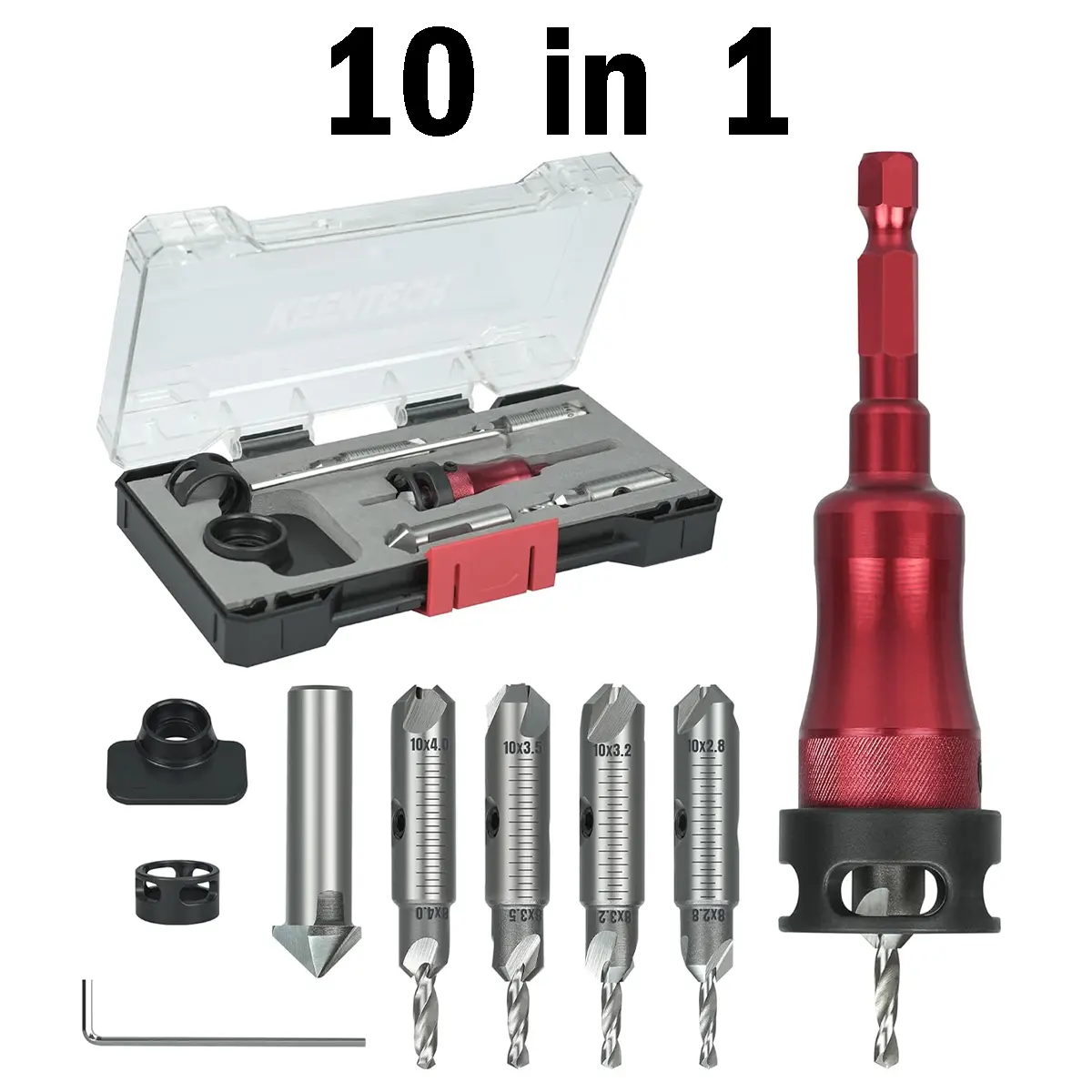 10 In 1 Adjustable Countersink Drill Bit Set with Depth Stop, M2 High-Speed Steel, 4 Reversible Heads, Vertical Pilot Adjustment, Hex Shank Key & Chamfer Tool for Woodworking Projects, Tools for Him, Adjustable Drill Bit Sets, Vertical Pilot Adjustable
