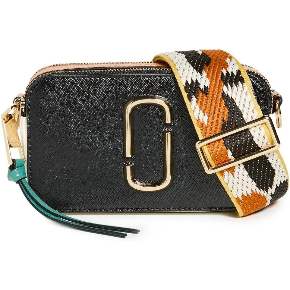 MARC JACOBS Women's Snapshot Leather Crossbody Bag, Compact Mini Everyday Carry Shoulder Bag with Adjustable Strap, Black/Honey Ginger Multi, Casual, Cross Body Women's Crossbody & Shoulder Bags