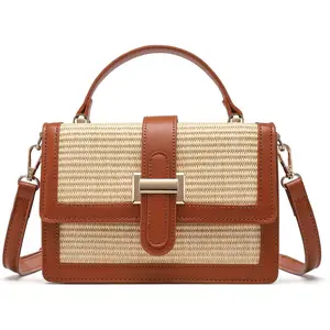 Straw Crossbody Bag, Vegan Leather Patchwork Summer Purse with Top Handle, Small Woven Bag for Beach & Wedding