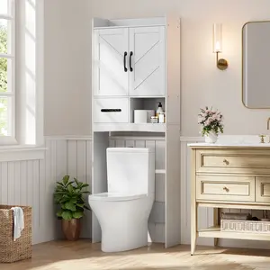 Garvee Over the Toilet Storage Cabinet with Adjustable Shelf and Double Doors, Bathroom Space Saver Organizer Above Toilet with Open Shelf, Taller Wooden Free Standing Toilet Rack Apartment Furniture Space-Sacving