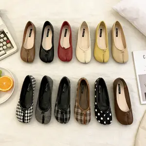 Designer Inspired Split-Toe Loafers for Women Retro Flat Shoes Soft Comfy Casual Kicks in Brown Black Red Beige Yellow Checkered & Polka Dot Patterns Footwear Trendy Flats Flatform Round Toe Everyday