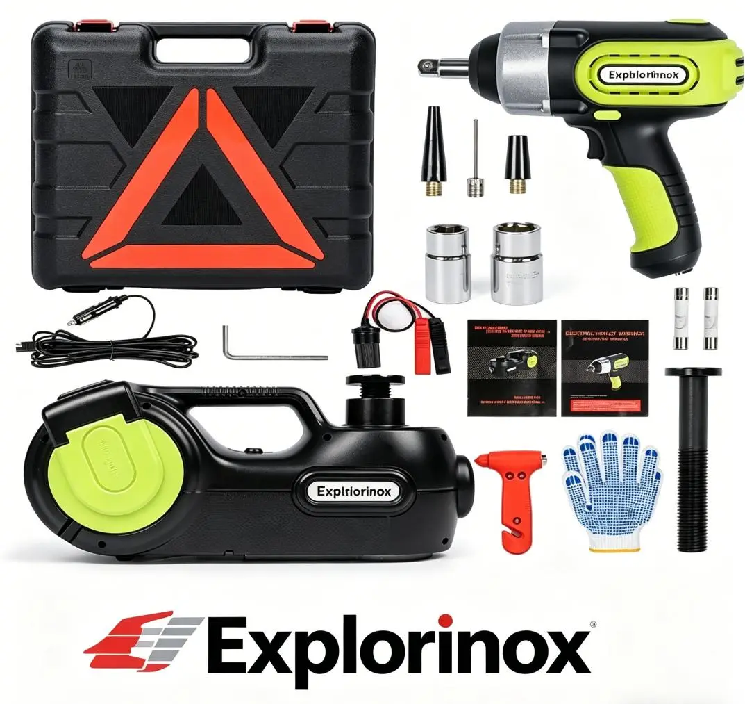 Explorinox Intelligent Electric Hydraulic Jack Emergency Kit, Unisex Secure Tool Set with Window-Breaking Hammer, Anti-Slip Gloves, Battery Clamps, Electric Wrench for Solo Drivers, Abs, Led Light
