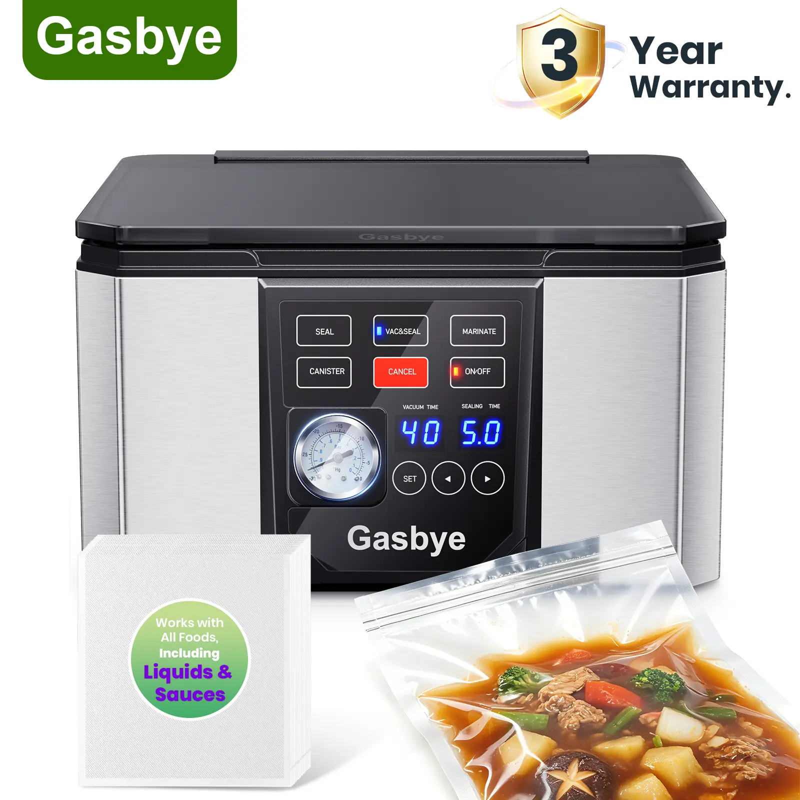 [3 Year Warranty] Gasbye Chamber Vacuum Sealer For Wet Food,Meats,Marinades, 5.3QT Large Chamber, 11.5" Replaceable Double-Seal Sealing Bar, Stainless Steel With 30 Pre-Cut Vacuum Bags, Applied In Home Kitchen And Commercial Use,Fresh Keeper