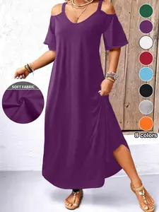 Plus Size Women's Minimalist Solid Color Off-Shoulder Halter Dress, Casual Comfortable Loose Flowy Long Dress, Daily Commute Wear, Spring & Fall
