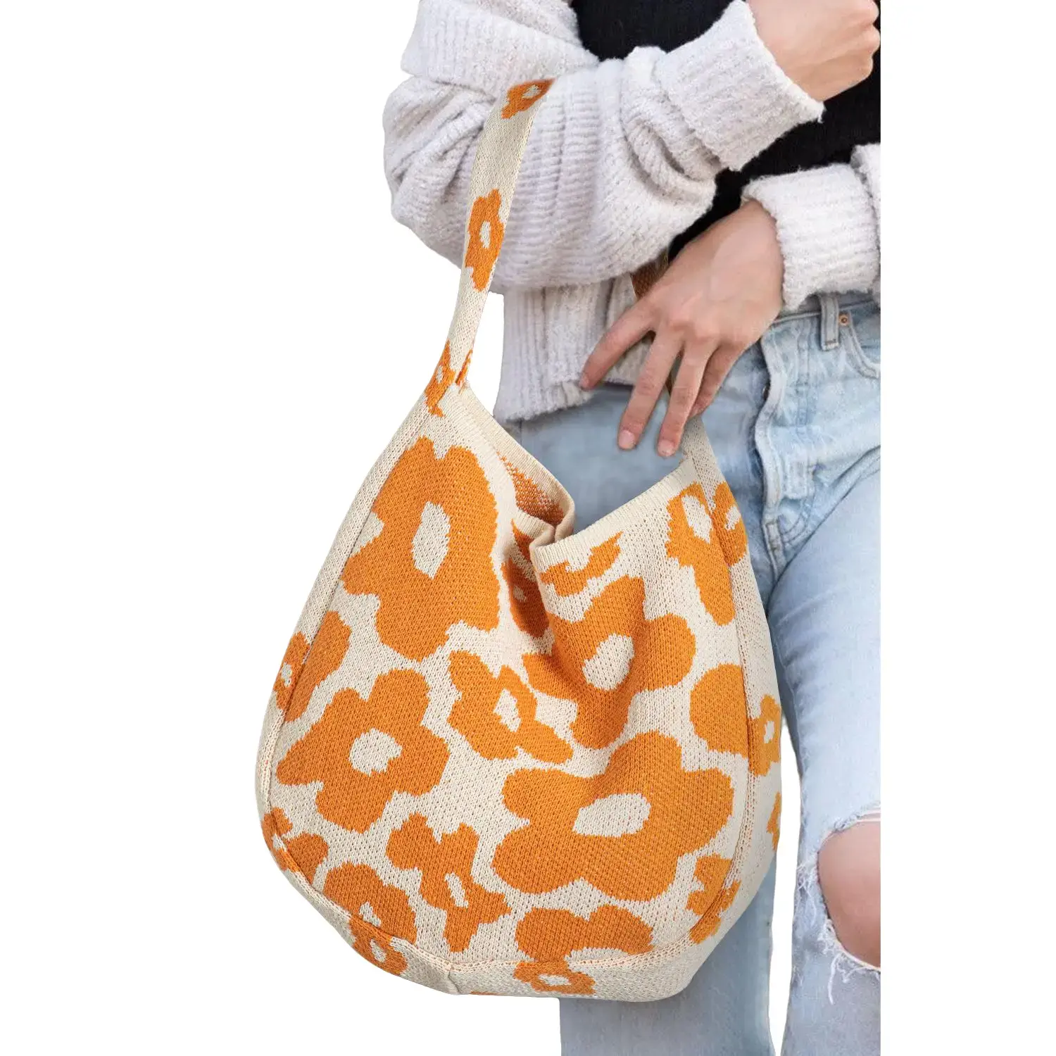 Mustard 60s Flower Print Knitted Large Single Shoulder Bag handbag purse