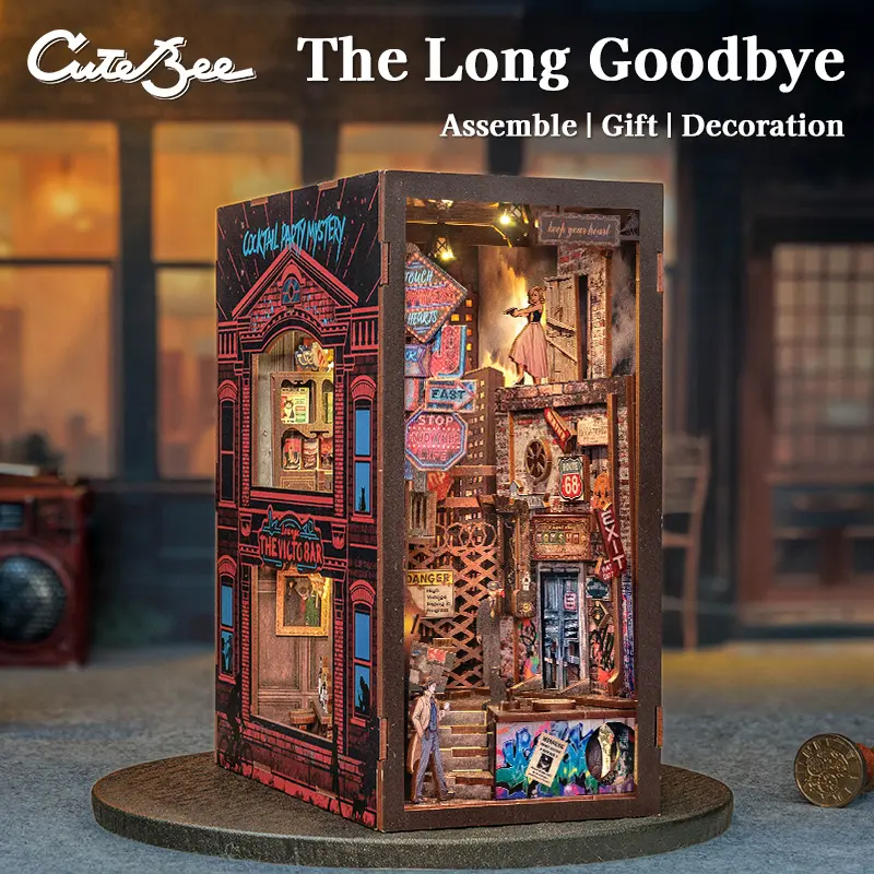 CUTEBEE The Long Goodbye DIY Book Nook, Wooden Miniature Bookshelf Insert with LED Lights & Dust Cover, Stress-Relieving Craft for Book Lovers, Unique Black Friday Christmas Gift