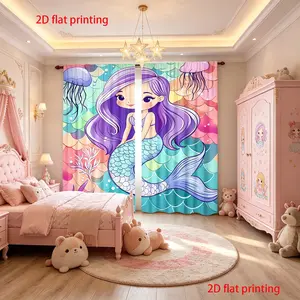 2-piece set of cartoon mermaid ocean printed curtains - machine washable semi transparent polyester fiber material, modern design, home decorator, Window Curtain, 2D flat, bedroom and living room curtains, kitchen curtains