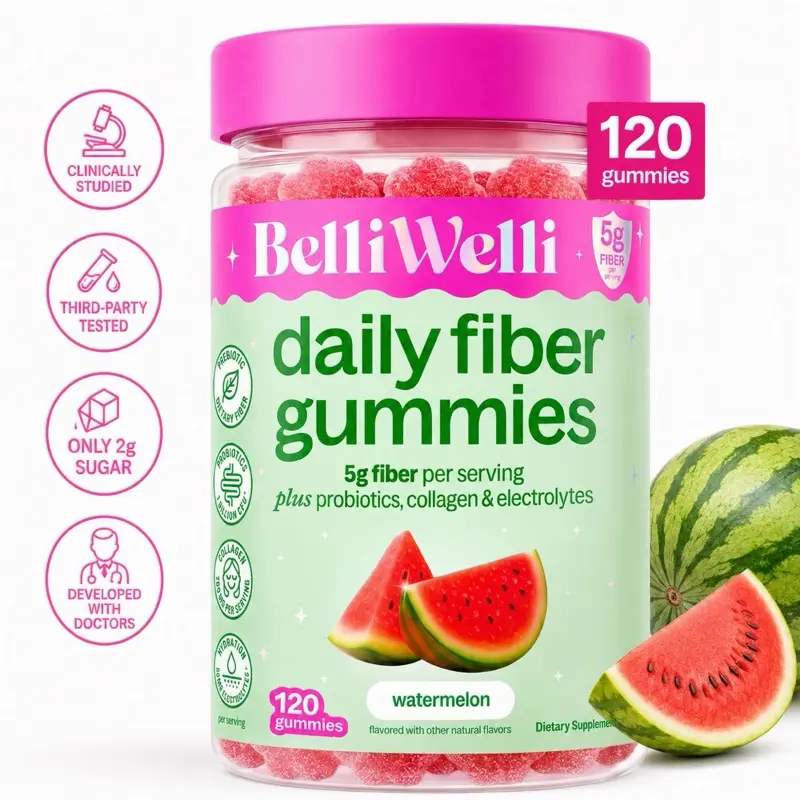 BelliWelli Daily Fiber Watermelon Gummies 120ct - 5g Fiber per Serving with Probiotics & Collagen for Digestion Regularity & Constipation Support Digestive Wellness