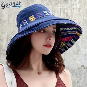 Women UPF 50+ Bohemian Ethnic Style Wide Brim Bucket Hat, Face Covering UV Protection Foldable Packable Spring Summer Travel Vacation Beach Sun Hat