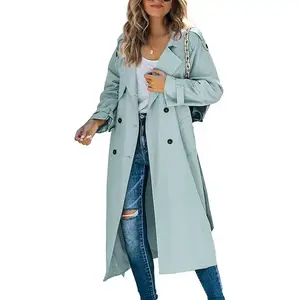 Women′s Double Breasted Long Trench Coat, Classic Lapel Long Sleeve Windproof Overcoat with Belt, Casual Coat 2024, Ladies Overcoat for Indoor Outdoor Wear, Ladies Clothes for Daily Wear Womenswear Blue Army(Sheet)